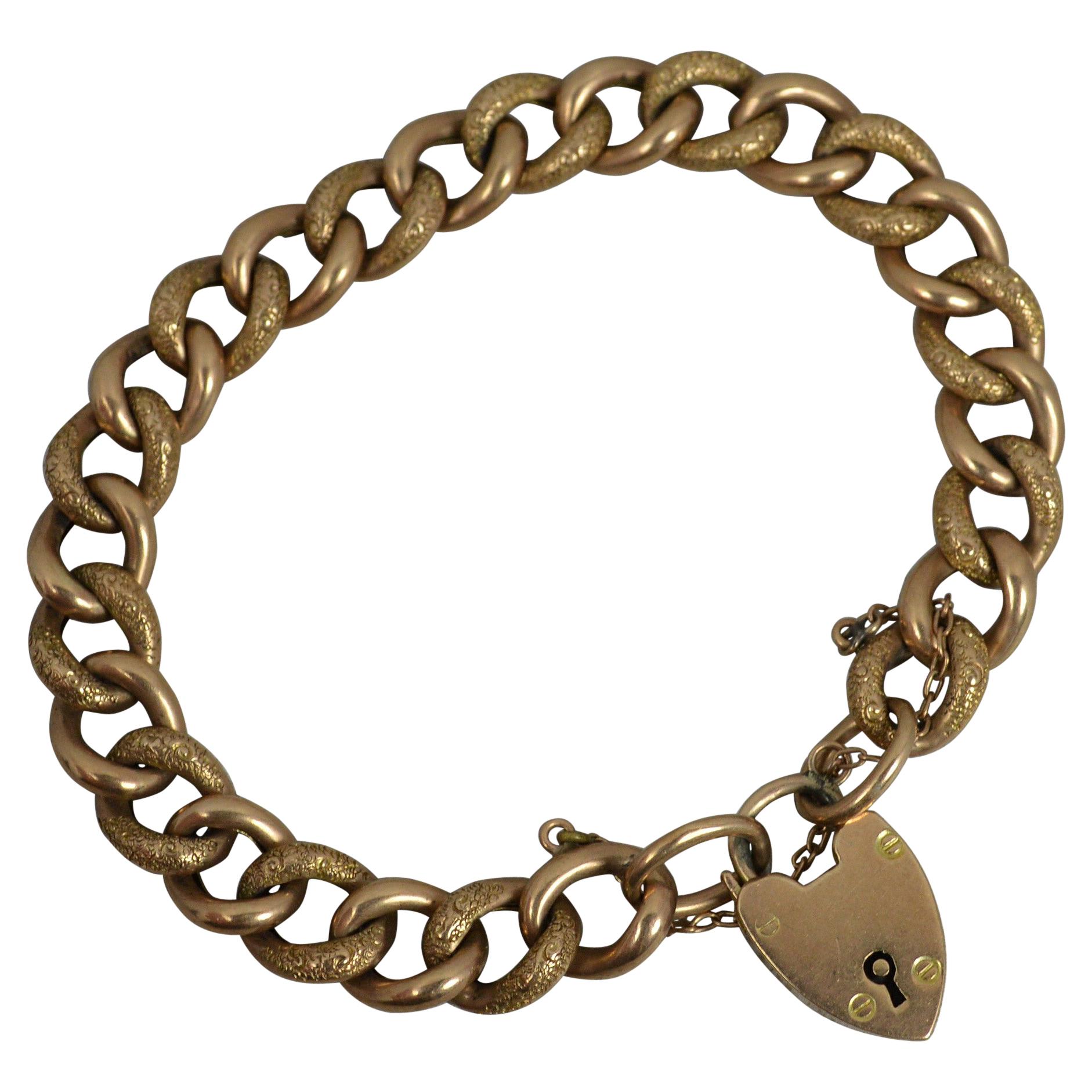 Victorian 9 Karat Rose Gold Heart Padlock Curb Link Bracelet at 1stDibs