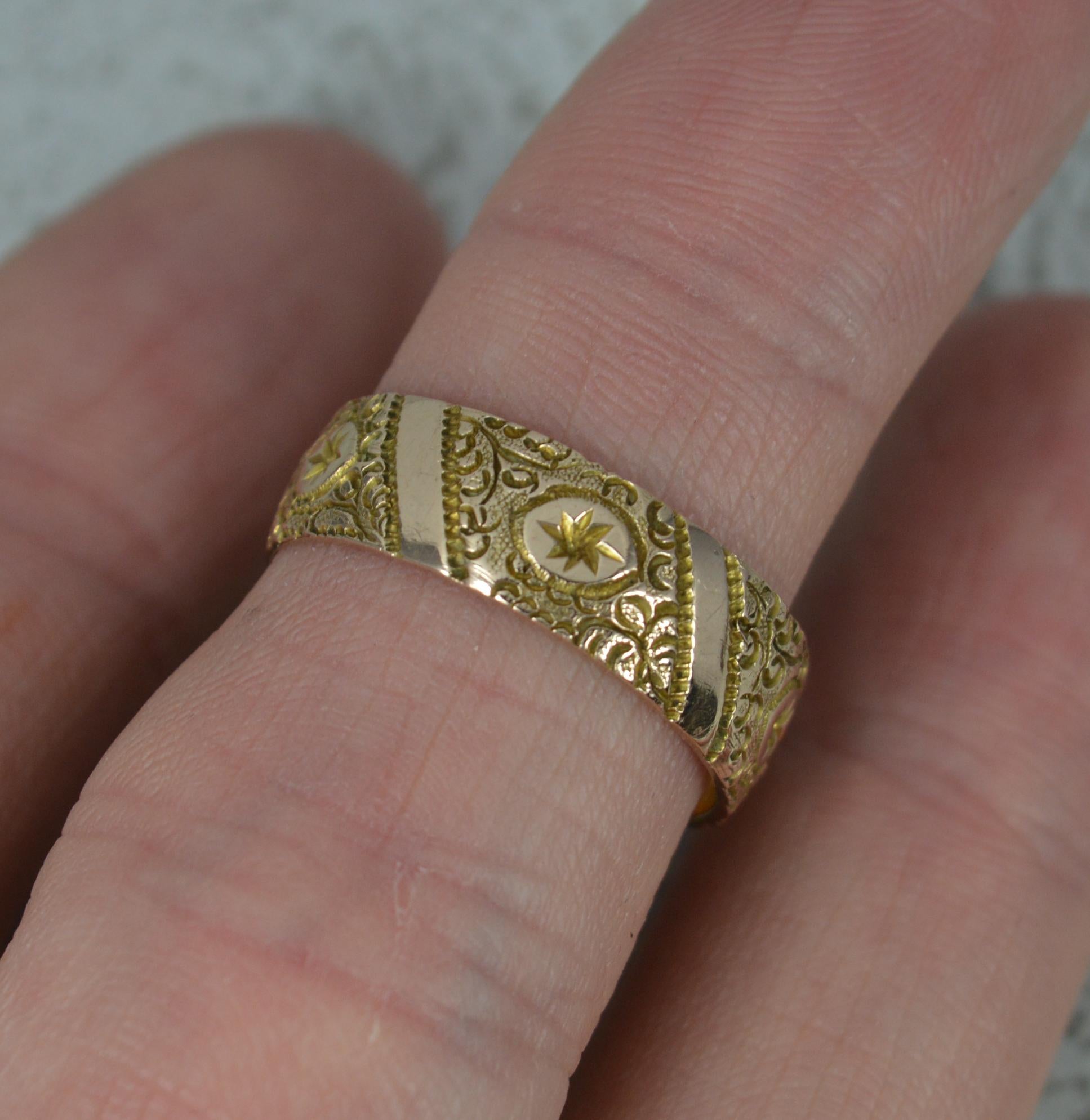 Victorian 9 Carat Rose Gold Chased Engraved Band Ring Wide 1