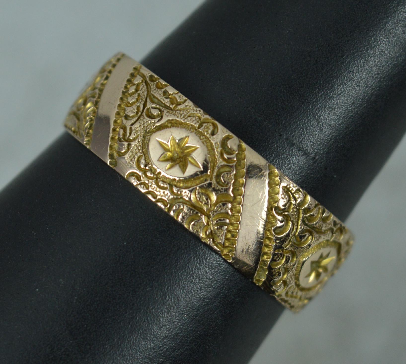 Victorian 9 Carat Rose Gold Chased Engraved Band Ring Wide 2