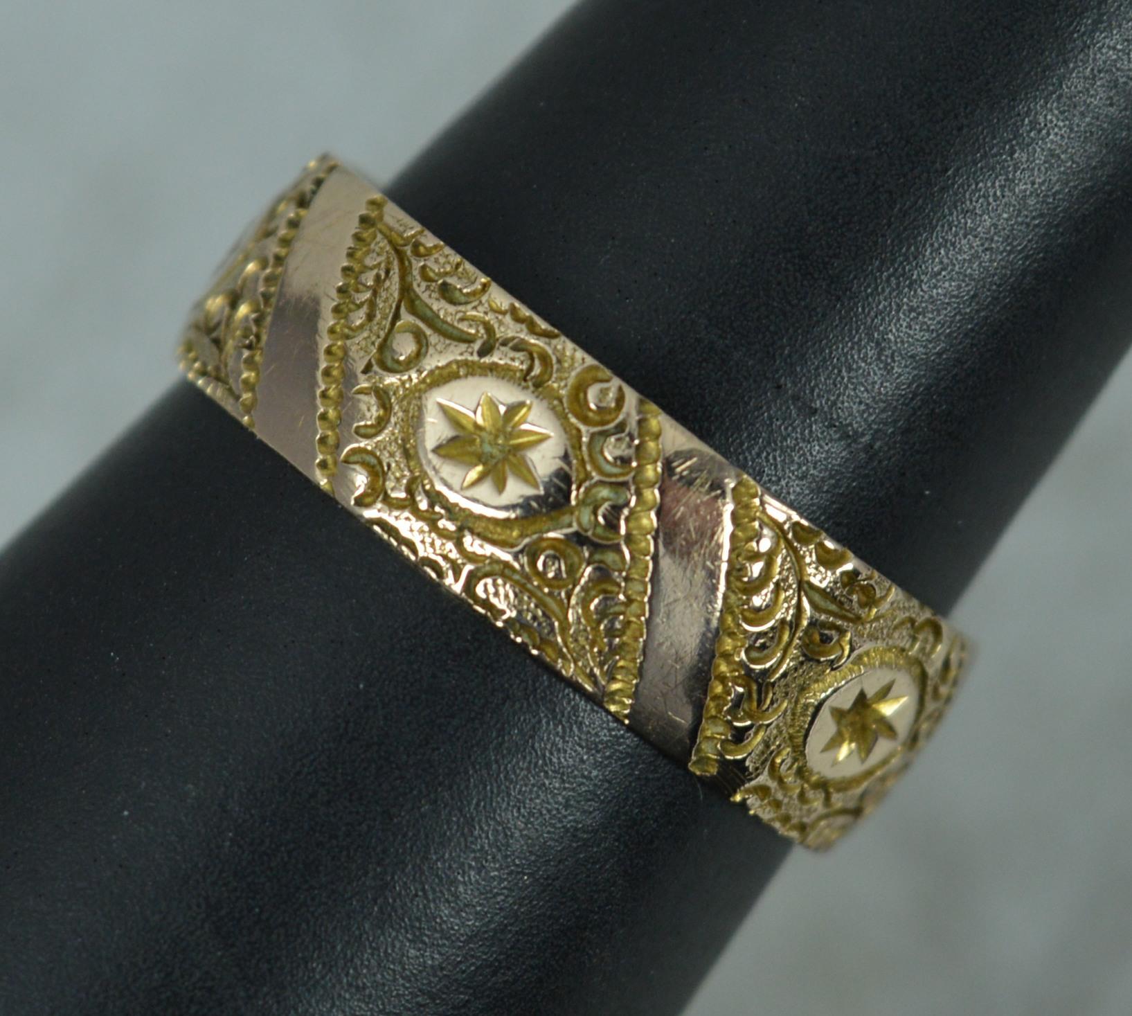 Victorian 9 Carat Rose Gold Chased Engraved Band Ring Wide 3