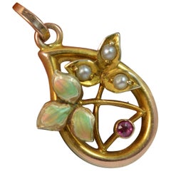 Victorian 9 Carat Rose Gold Enamel Ruby Pearl Pendant