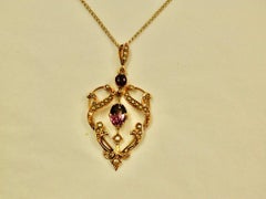 Victorian 9 ct Gold Amethyst & Pearl Pendant on 9ct gold Chain Dated circa 1900