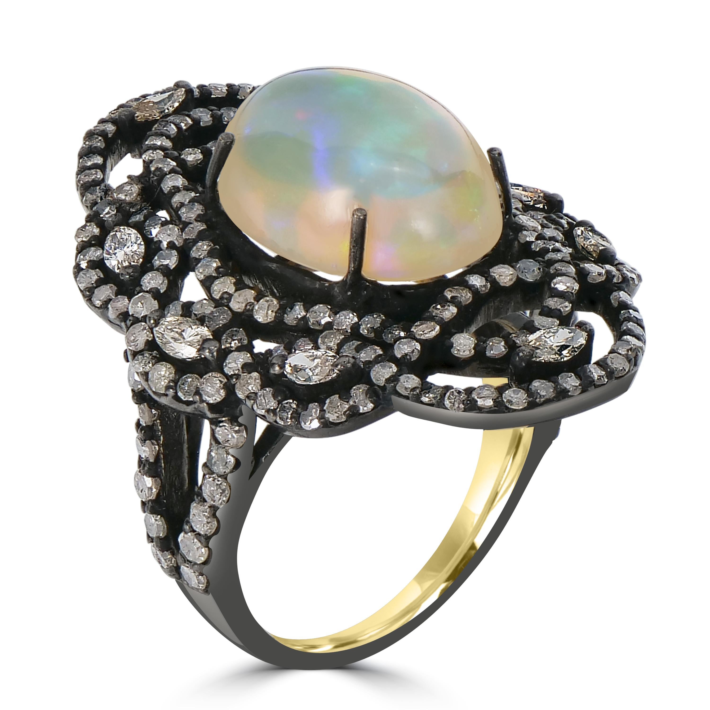 Introducing the captivating Victorian 9 Cttw. Ethiopian Opal and Diamond Cocktail Ring, a testament to timeless elegance and artisanal craftsmanship. This exquisite ring is more than a piece of jewelry; it's a wearable work of art.

At the heart of