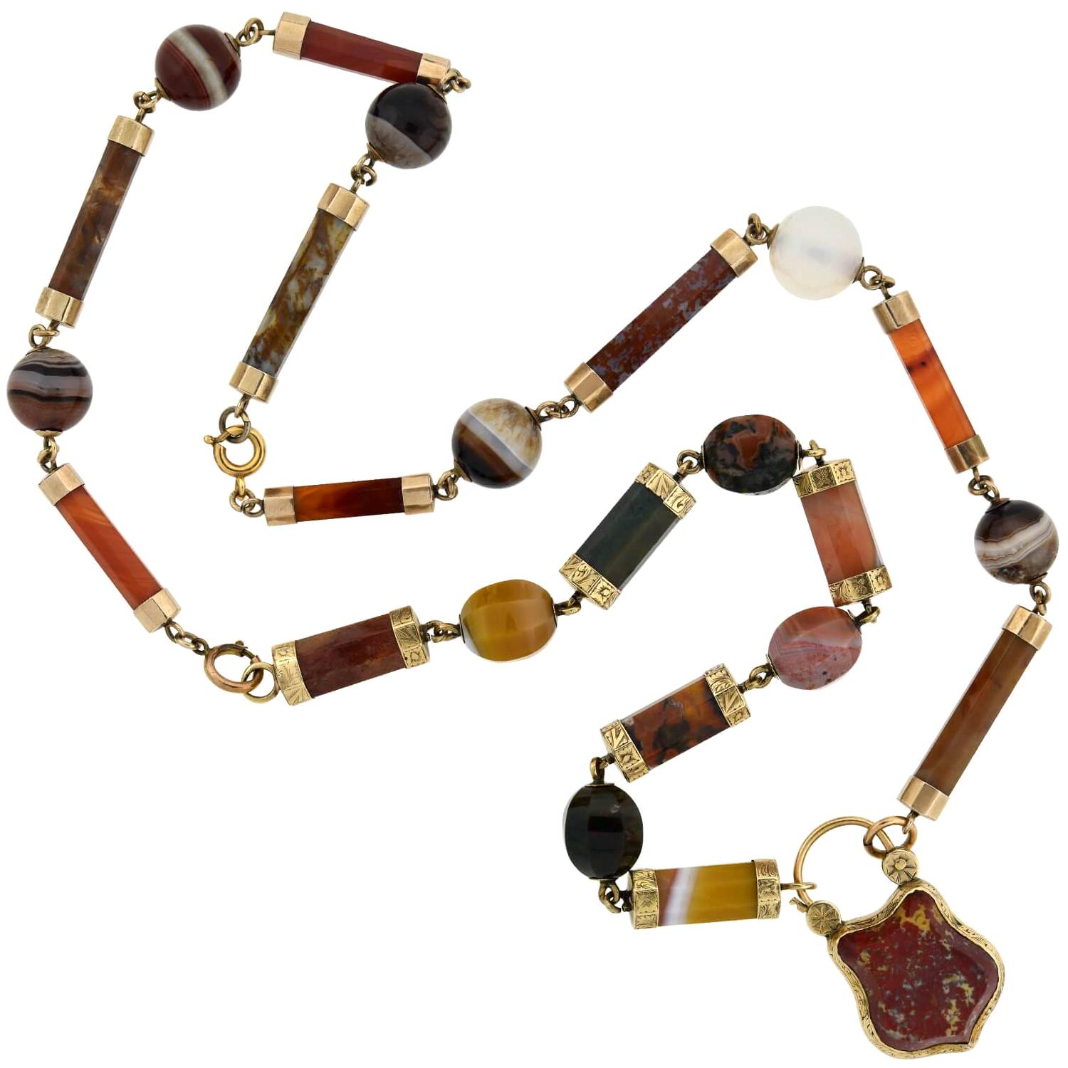 Victorian 9 Karat Banded Agate Link Convertible 3 Bracelet/Necklace, Set