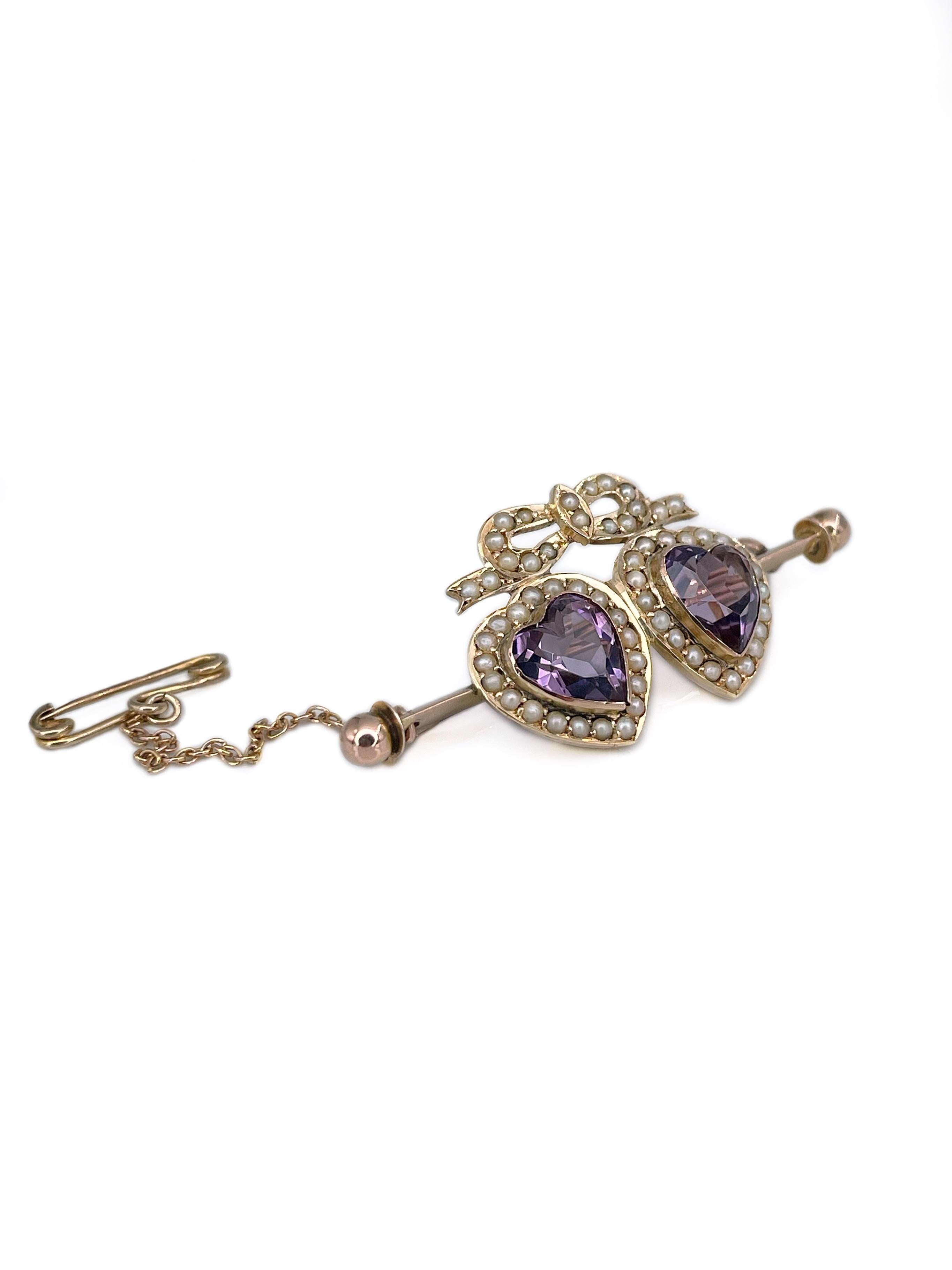 Mixed Cut Victorian 9 Karat Gold Amethyst Seed Pearl Double Heart Bar Brooch For Sale