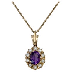 Victorian 9 Karat Gold Amethyst Seed Pearl Oval Pendant Chain Necklace