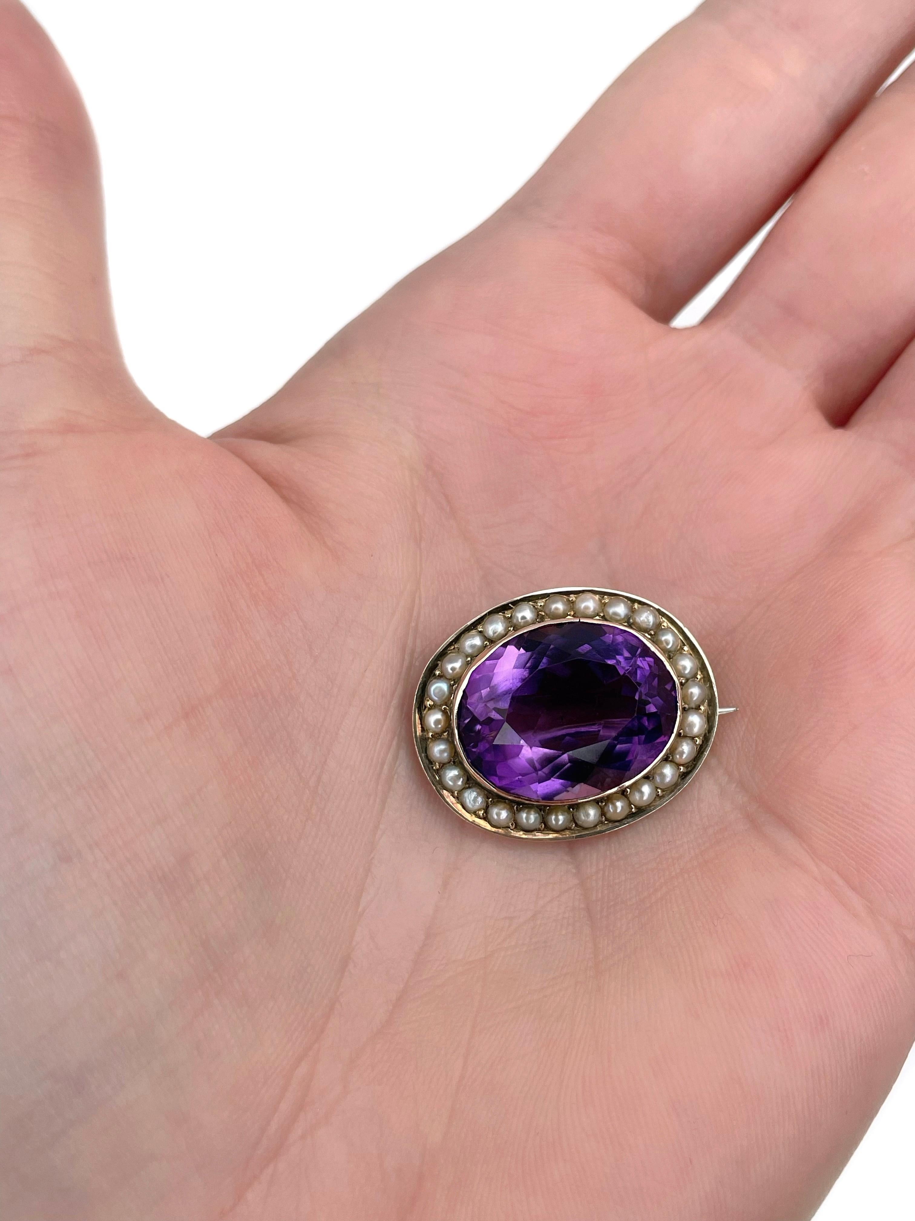 Mixed Cut Victorian 9 Karat Gold Amethyst Seed Pearl Oval Pin Brooch