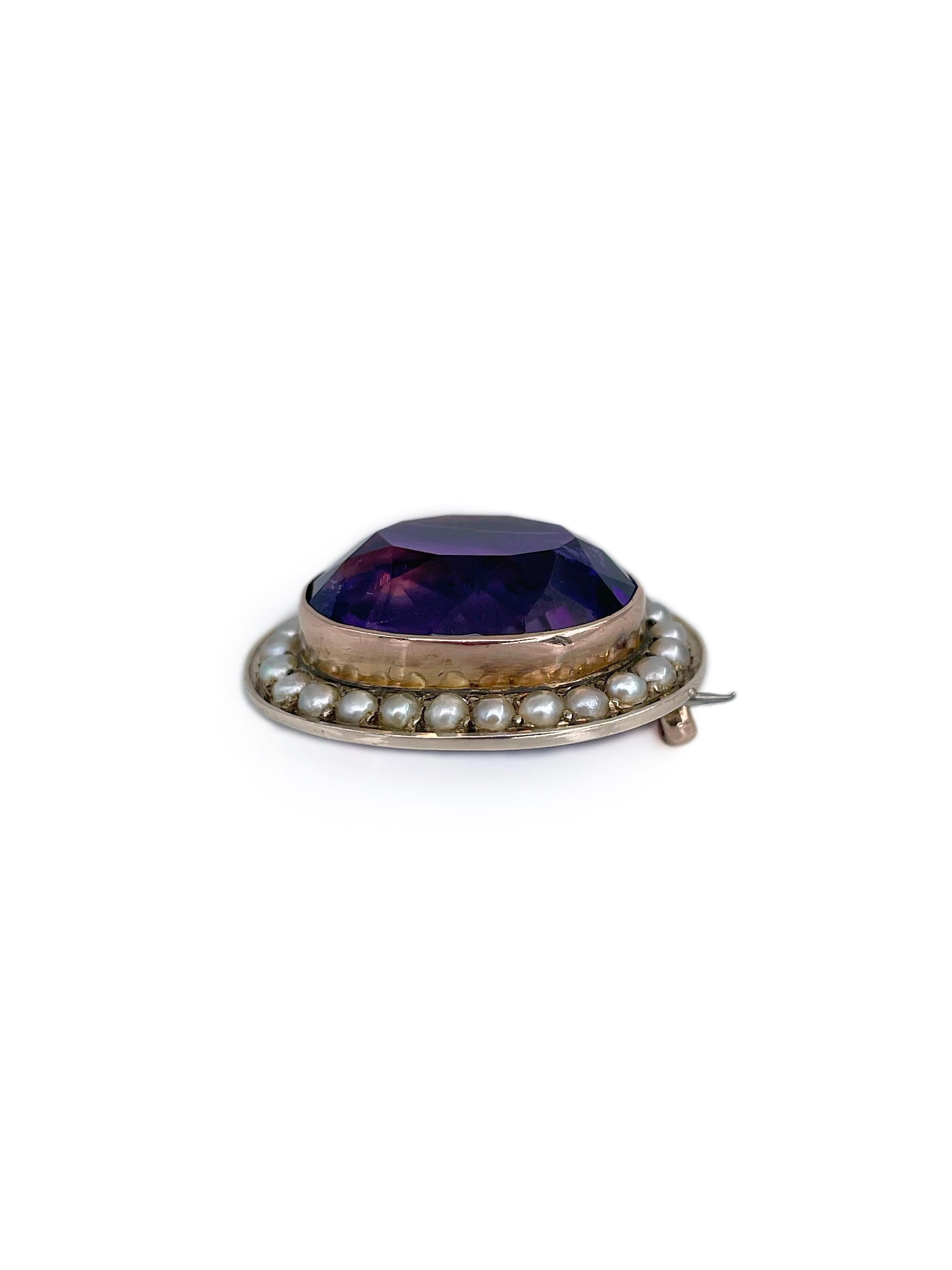 Victorian 9 Karat Gold Amethyst Seed Pearl Oval Pin Brooch In Good Condition In Vilnius, Vilniaus apskr.
