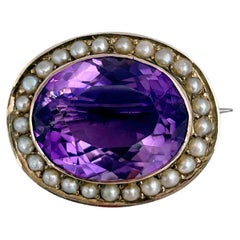 Broche victorienne en or 9 carats avec améthyste et perles de rocaille ovales