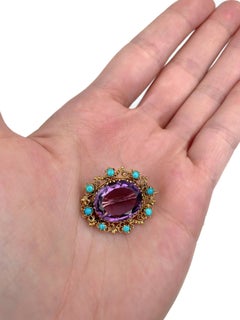 Victorian 9 Karat Gold Amethyst Turquoise Oval Pin Brooch
