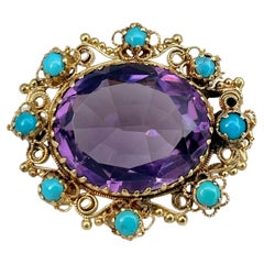 Victorian 9 Karat Gold Amethyst Turquoise Oval Pin Brooch