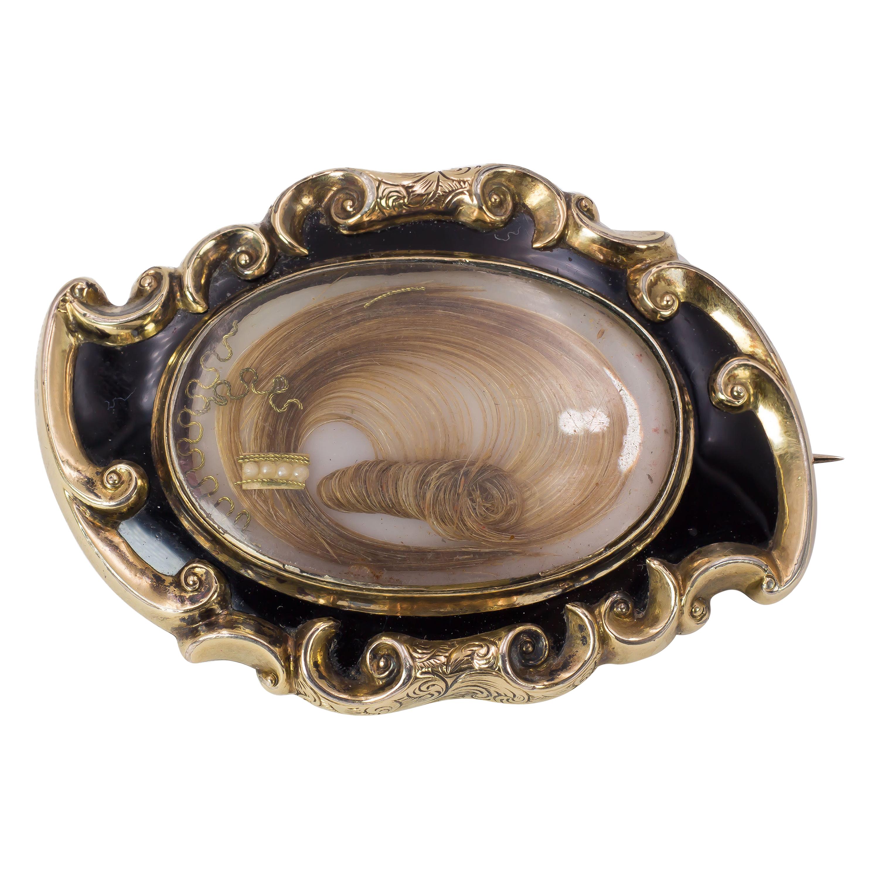 Victorian 9 Karat Gold, Black Enamel and Hair Mourning Brooch For Sale