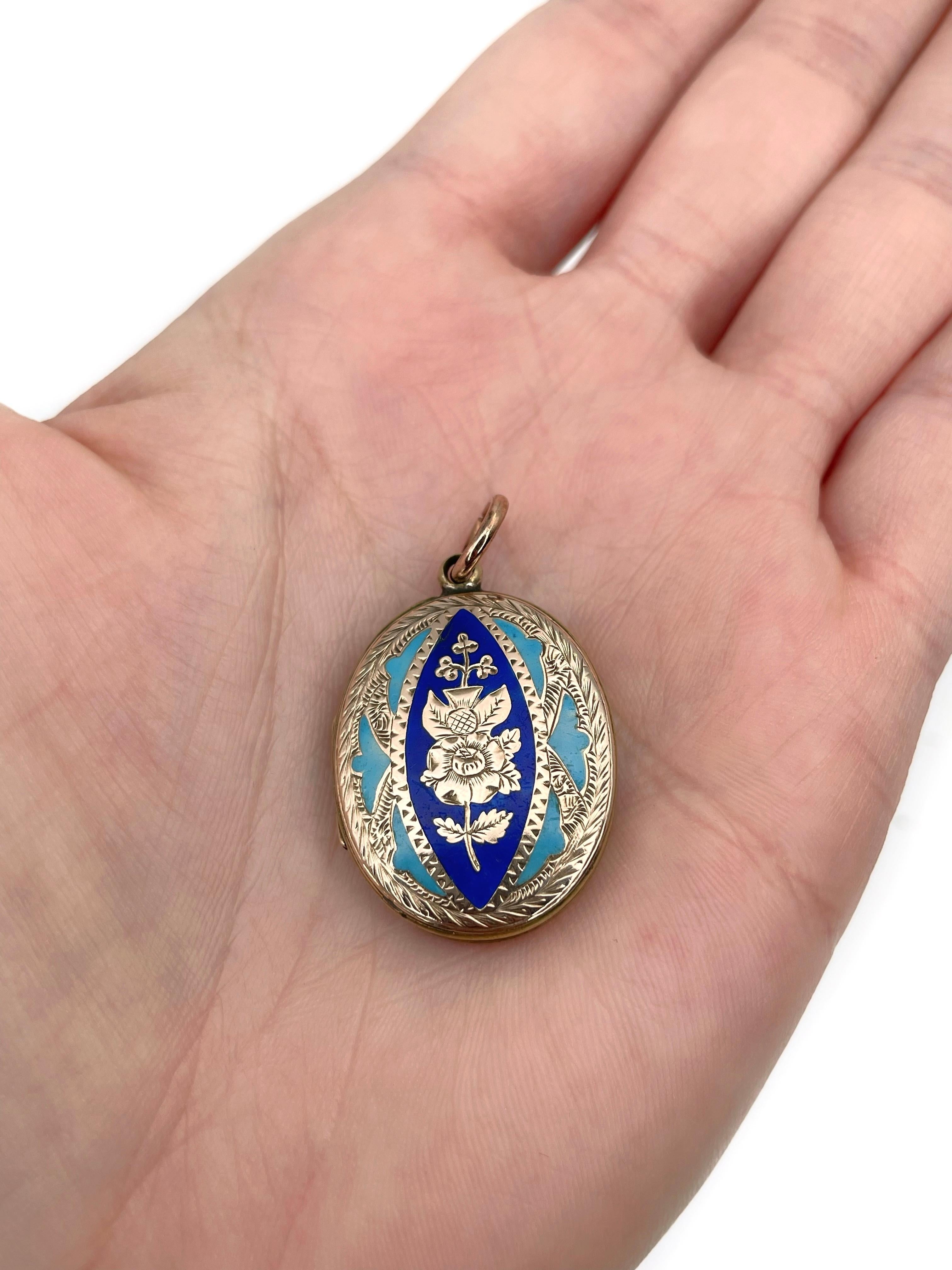 Il s'agit d'un pendentif ovale à motif floral de style victorien en or 9K. La pièce présente un émail bleu clair et bleu foncé. Circa 1900. 

Poids : 5.86 g
Taille : 3.6x2.2cm

IMPORTANT : En tant qu'acheteur, vous êtes entièrement responsable des