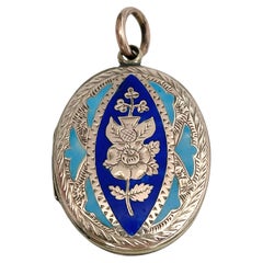 Victorian 9 Karat Gold Blue Enamel Floral Motif Oval Locket Pendant