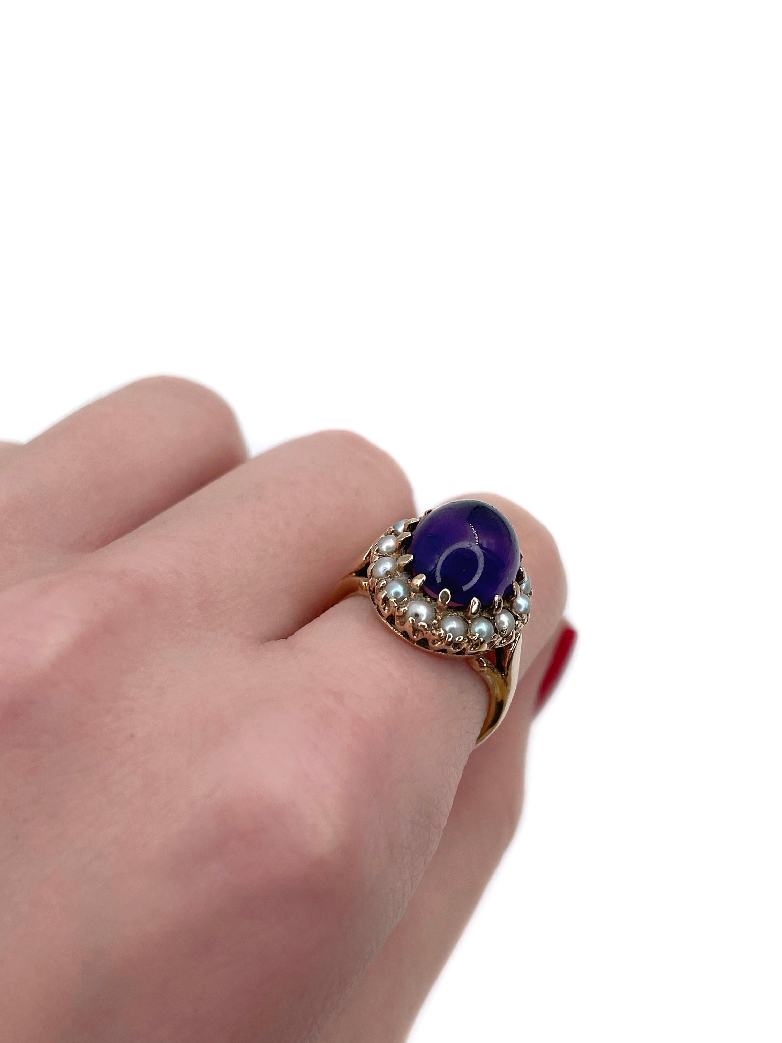 Viktorianischer 9 Karat Gold 5,50 Karat Cabochon-Schliff Amethyst-Perlen-Cluster-Ring (Gemischter Schliff) im Angebot
