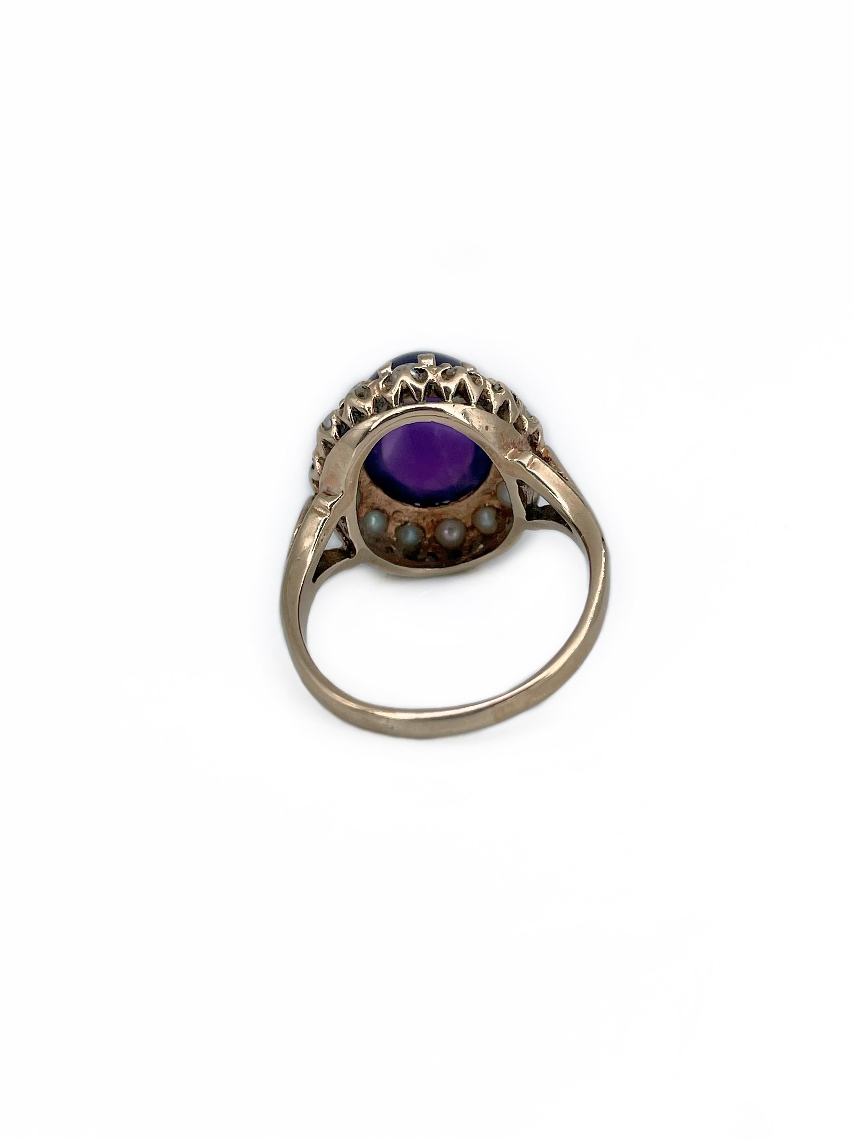 Viktorianischer 9 Karat Gold 5,50 Karat Cabochon-Schliff Amethyst-Perlen-Cluster-Ring Damen im Angebot