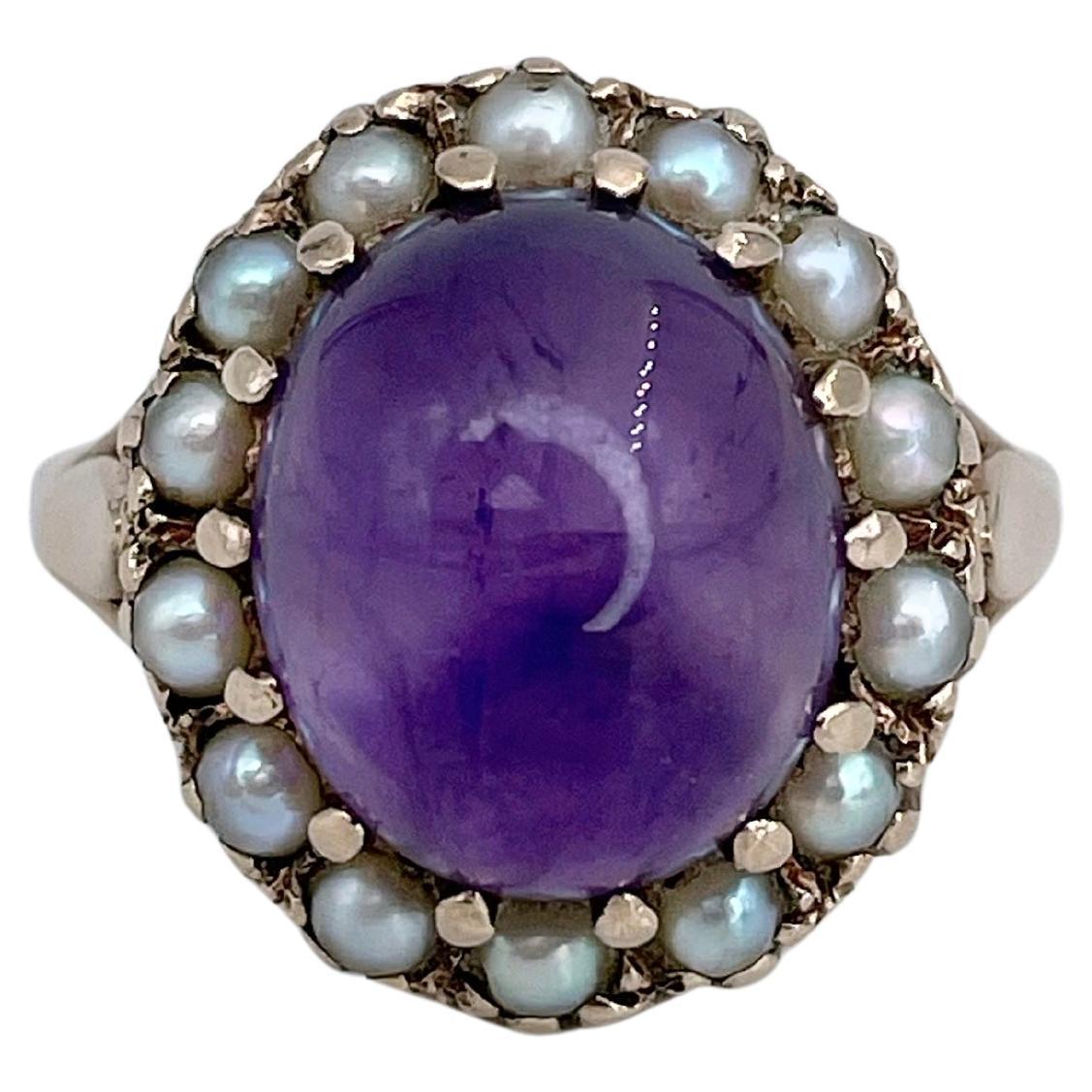 Victorian 9 Karat Gold 5.50 Carat Cabochon Cut Amethyst Pearl Cluster Ring
