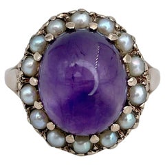 Anillo victoriano de oro de 9 quilates con racimo de perlas amatista talla cabujón de 5,50 quilates