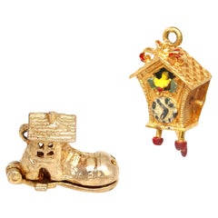 Antique Victorian 9 Karat Gold Charms for Bracelet British Shoe Cuckoo-Clock
