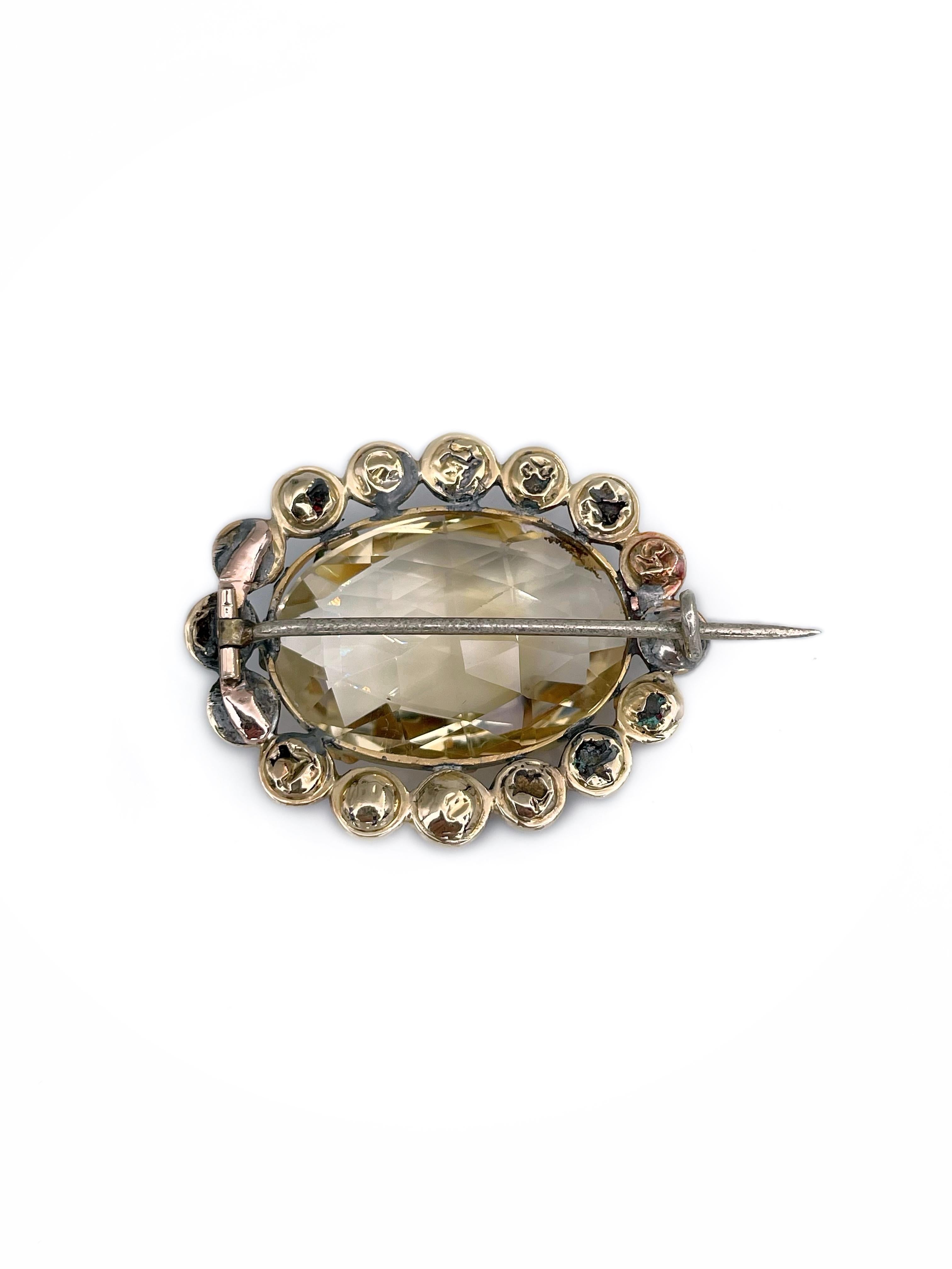 Women's Victorian 9 Karat Gold Citrine Rose Cut Garnet Oval Pin Brooch For Sale