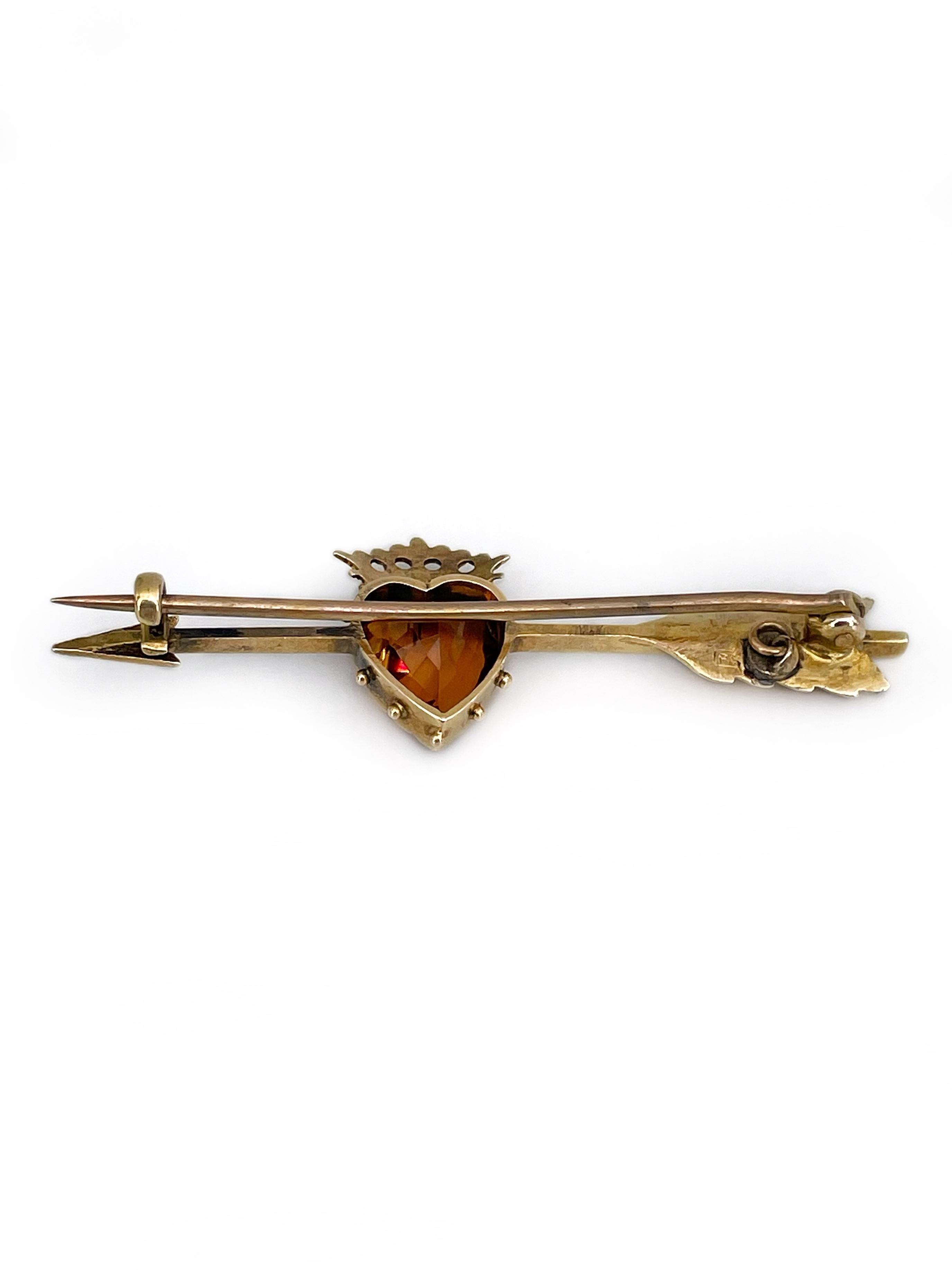 Victorian 9 Karat Gold Citrine Seed Pearl Ruby Crown Heart Arrow Bar Brooch 1