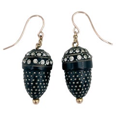 Antique Victorian 9 Karat Gold Crystal Black Acorn Dangle Earrings