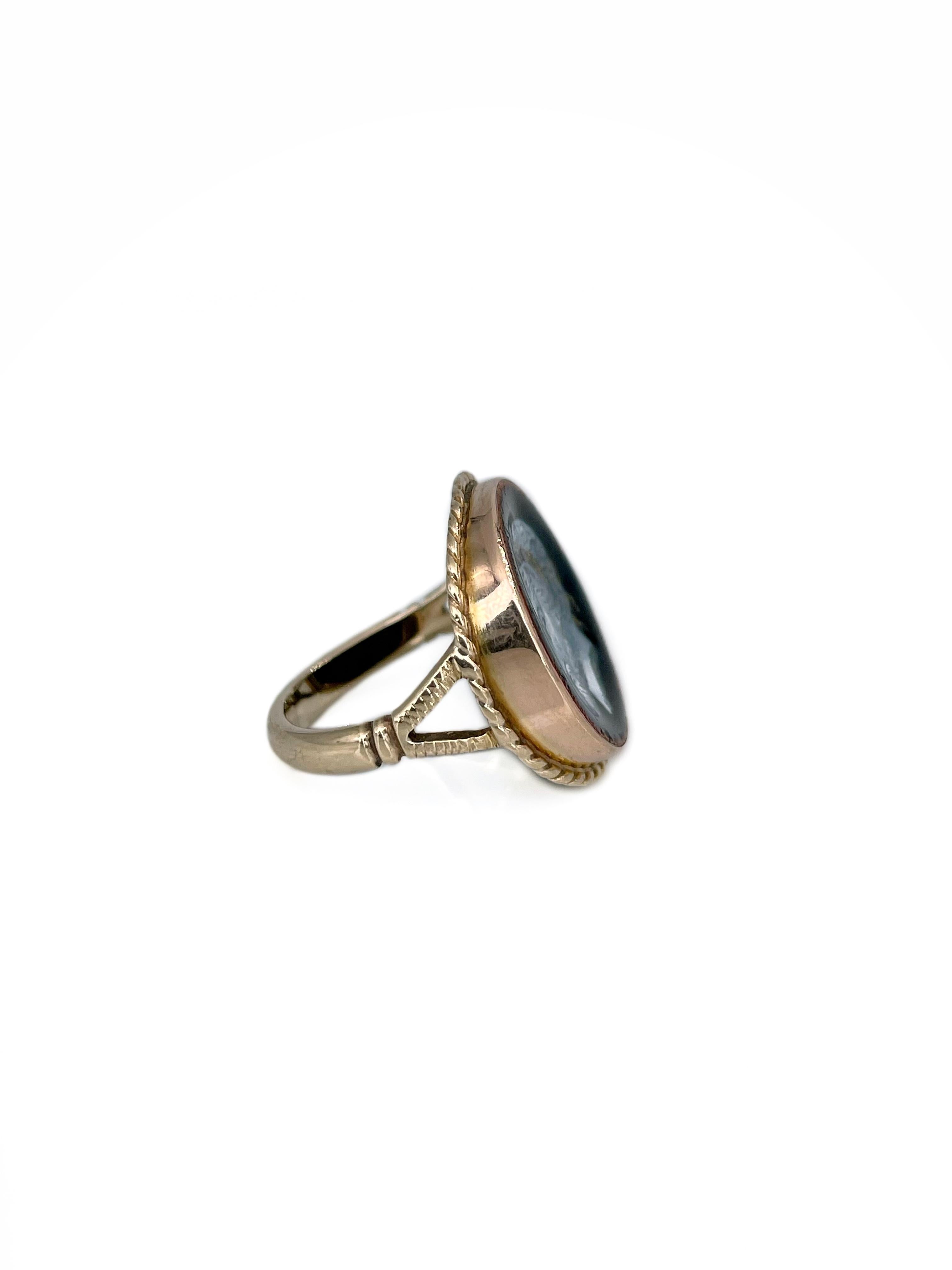 Women's or Men's Victorian 9 Karat Gold Enamel Man Portrait Signet Ring For Sale