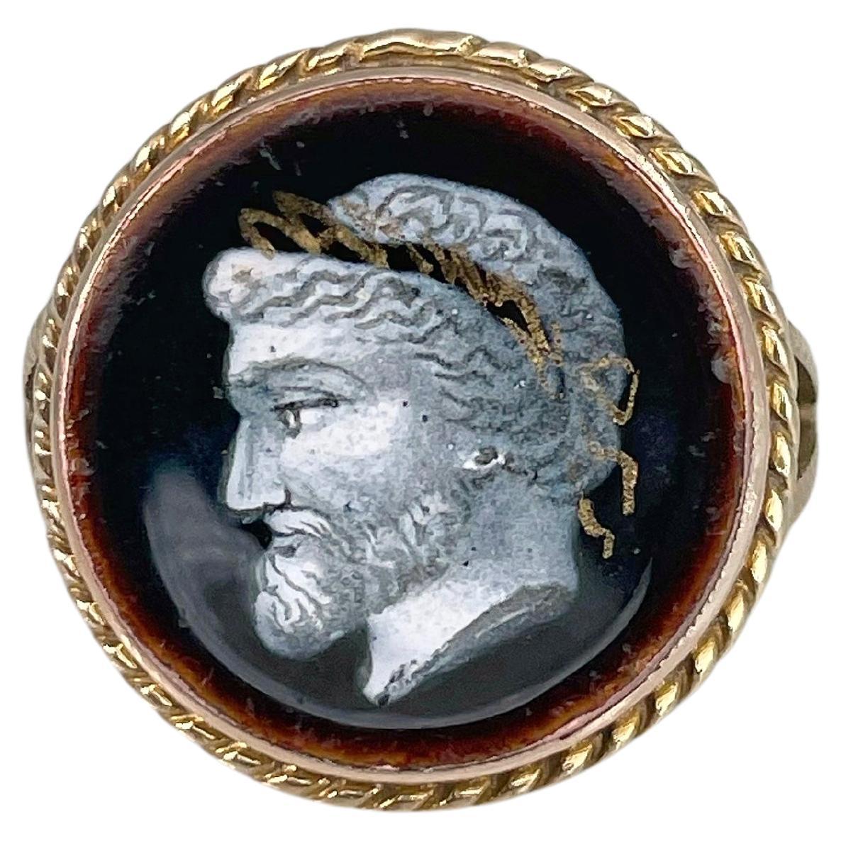 Victorian 9 Karat Gold Enamel Man Portrait Signet Ring For Sale