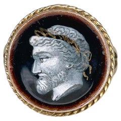 Viktorianischer Siegelring, 9 Karat Gold Emaille, Mann, Porträt, signiert