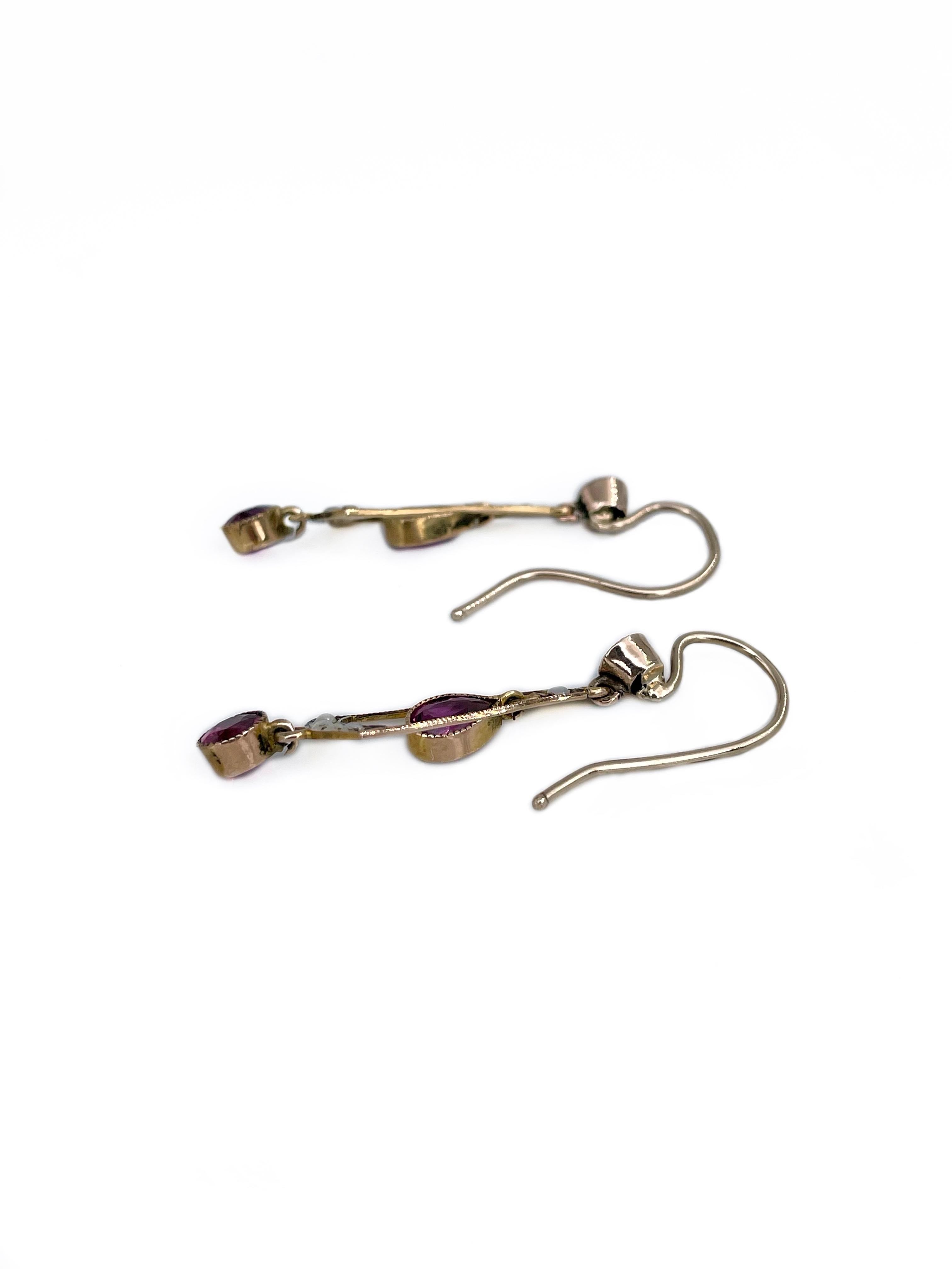 Women's Victorian 9 Karat Gold Garnet Rhodolite Seed Pearl Dangle Earrings