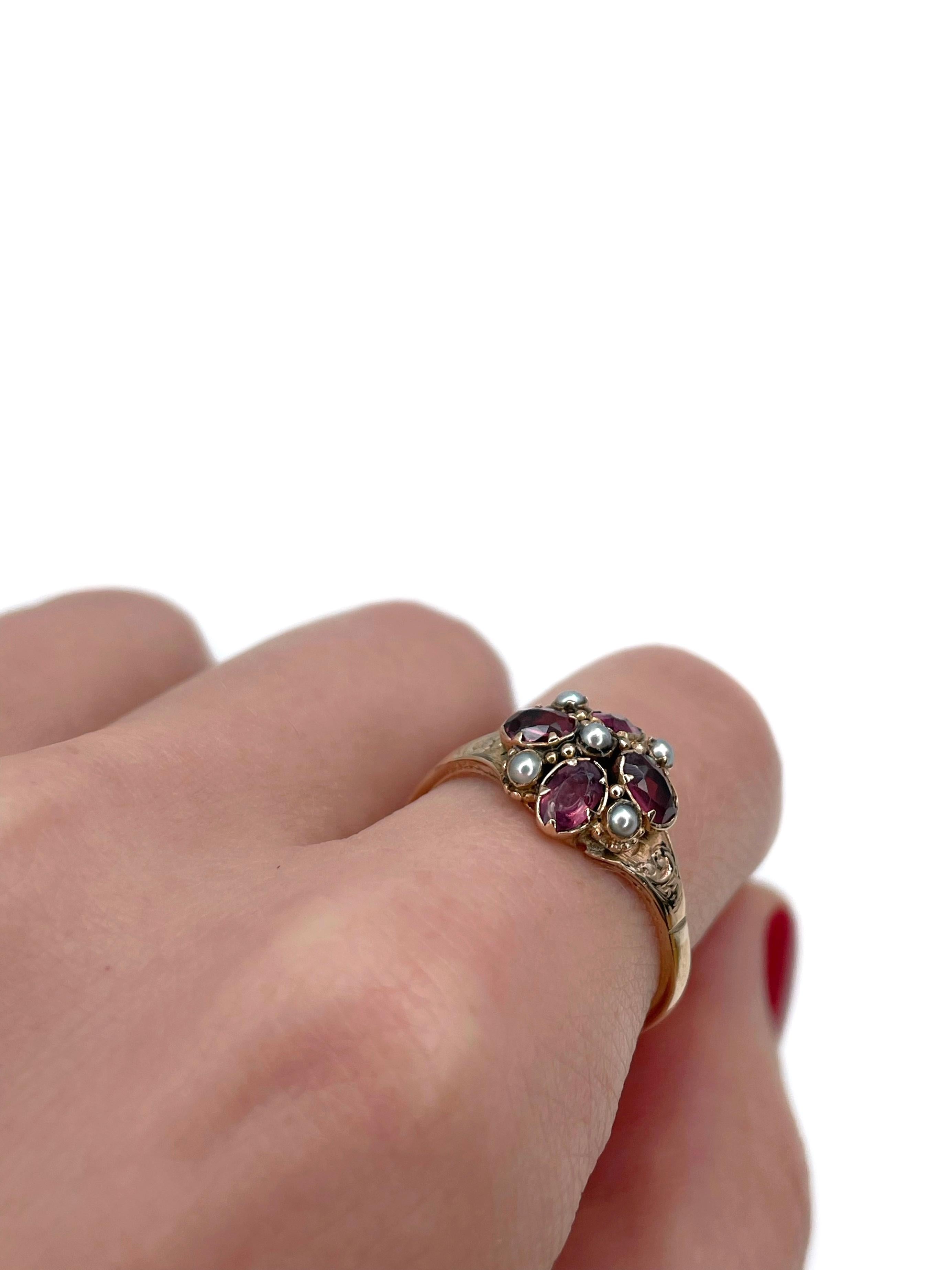 Mixed Cut Victorian 9 Karat Gold 1.00 Carat Garnet Rhodolite Seed Pearl Ring For Sale