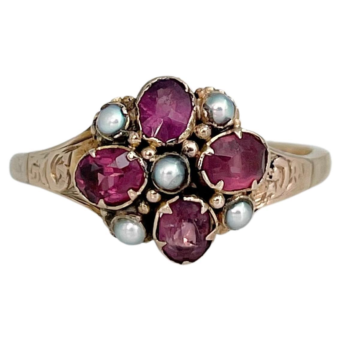 Victorian 9 Karat Gold 1.00 Carat Garnet Rhodolite Seed Pearl Ring