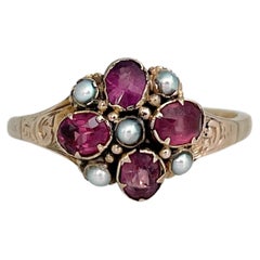 Antique Victorian 9 Karat Gold 1.00 Carat Garnet Rhodolite Seed Pearl Ring