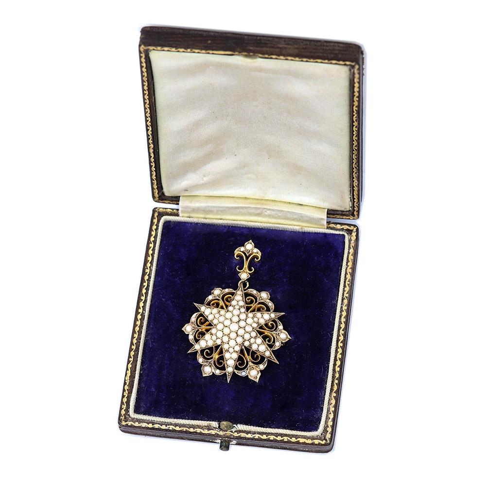 Victorian Ornate Pearl Star Pendant and Brooch, circa 1880 in Original Box 6