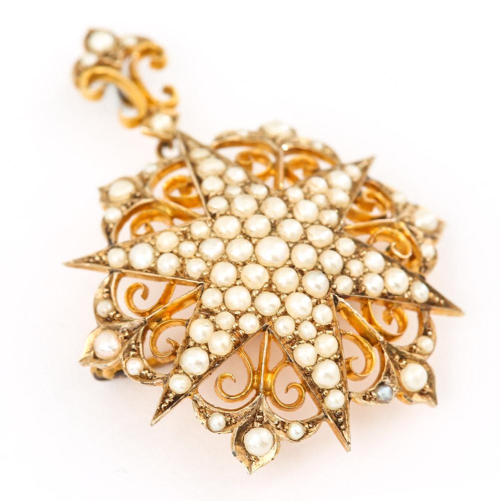 Victorian Ornate Pearl Star Pendant and Brooch, circa 1880 in Original Box In Good Condition In Lancashire, Oldham