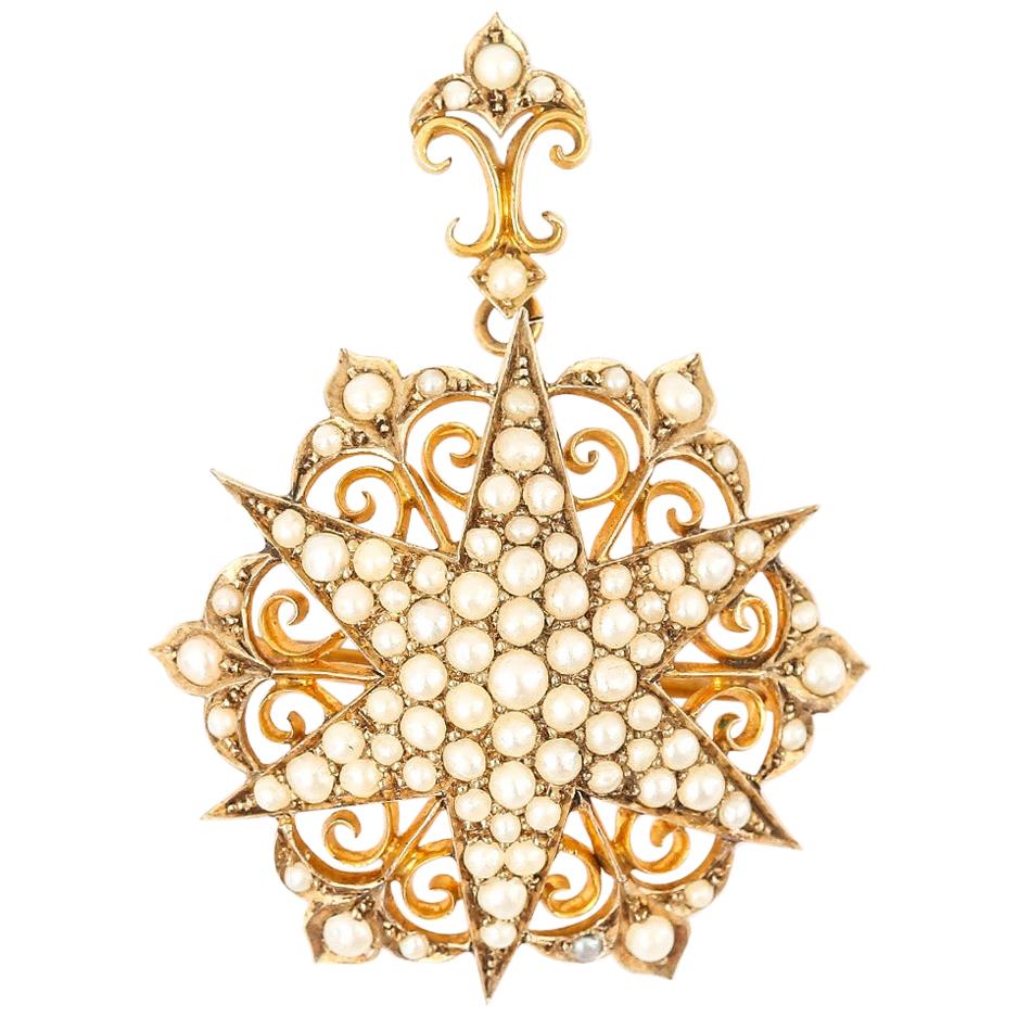 Victorian Ornate Pearl Star Pendant and Brooch, circa 1880 in Original Box