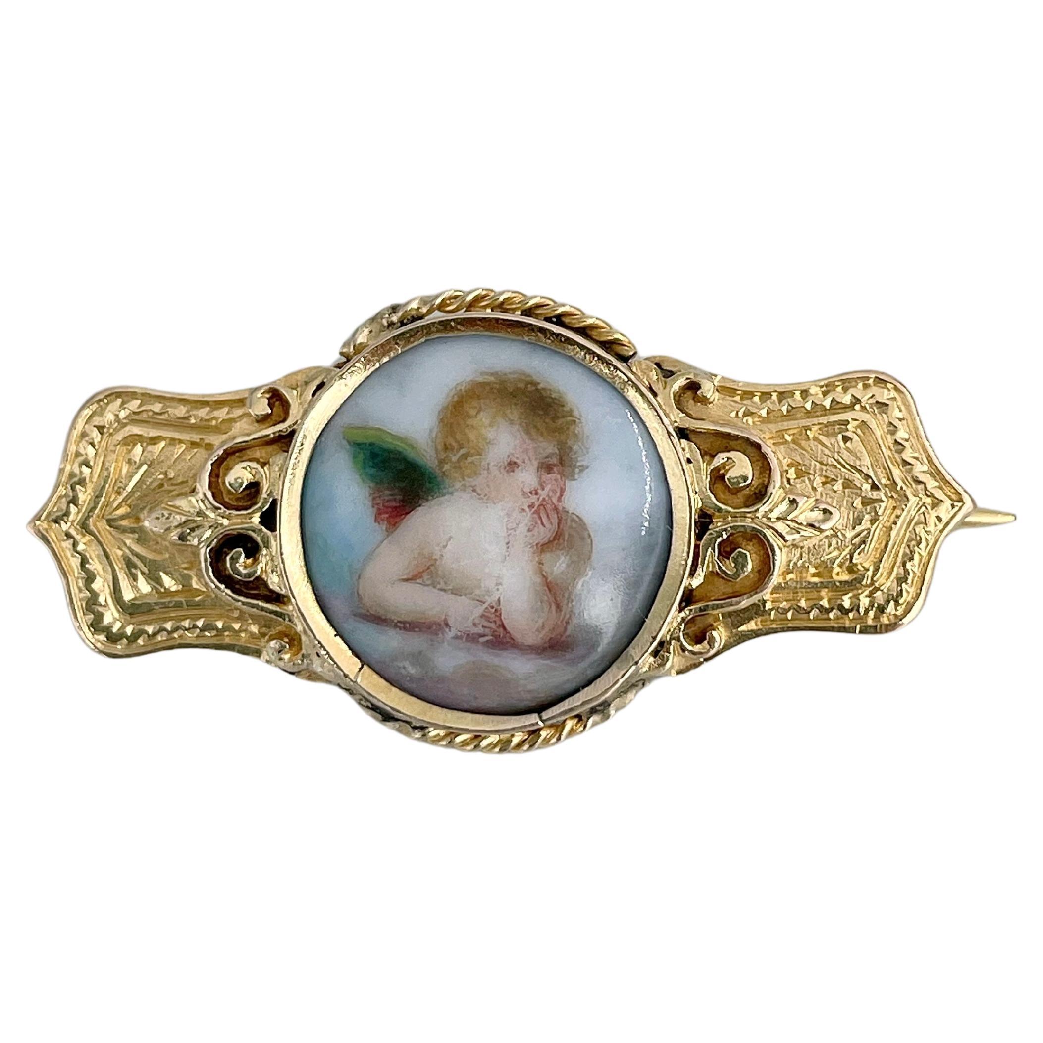 Victorian 9 Karat Gold Porcelain Cherub Miniature Portrait Bar Brooch