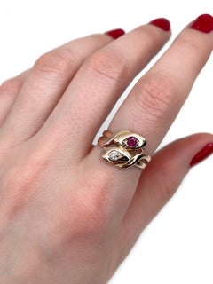 Victorian 14 Karat Gold 0.18 Carat SI Ruby 0.10 Carat VS Diamond Snake Ring