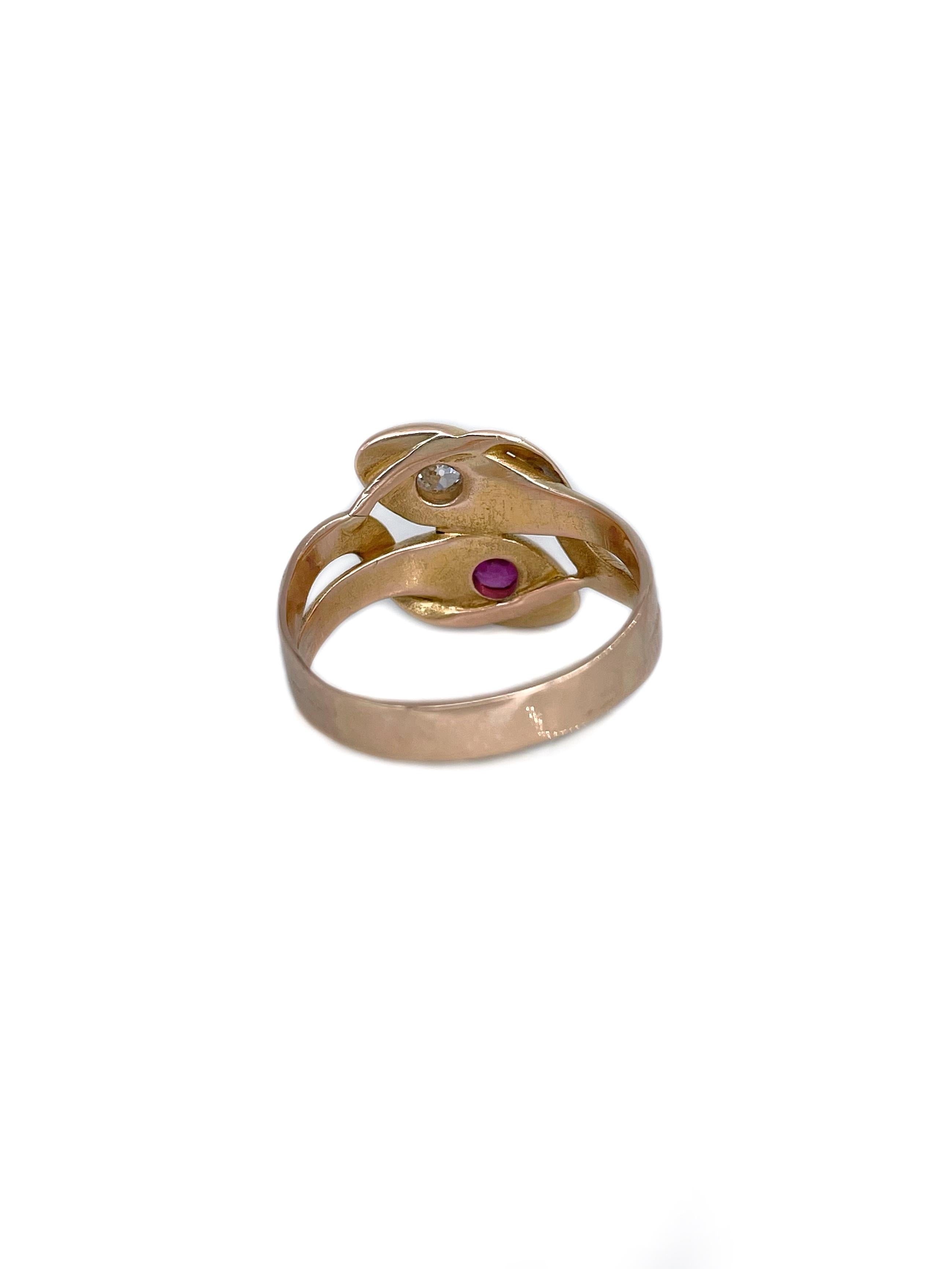 Women's Victorian 14 Karat Gold 0.18 Carat SI Ruby 0.10 Carat VS Diamond Snake Ring For Sale