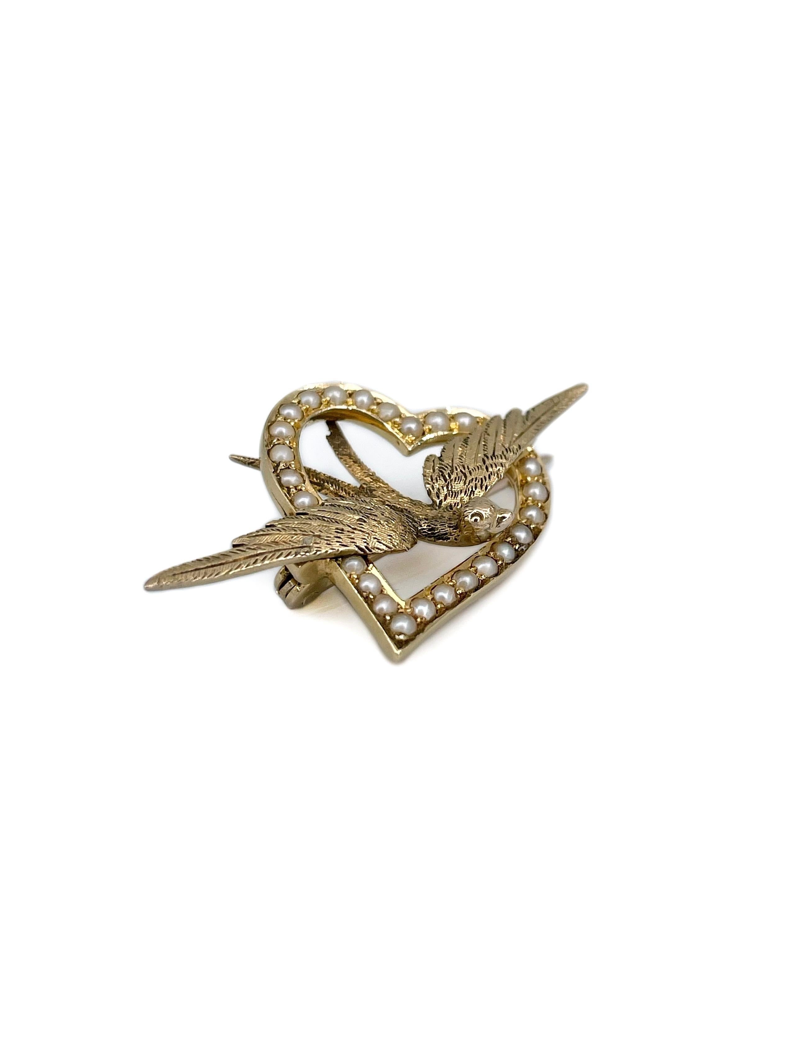 Round Cut Victorian 9 Karat Gold Seed Pearl Heart Swallow Pin Brooch For Sale