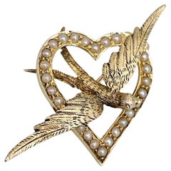 Victorian 9 Karat Gold Seed Pearl Heart Swallow Pin Brooch