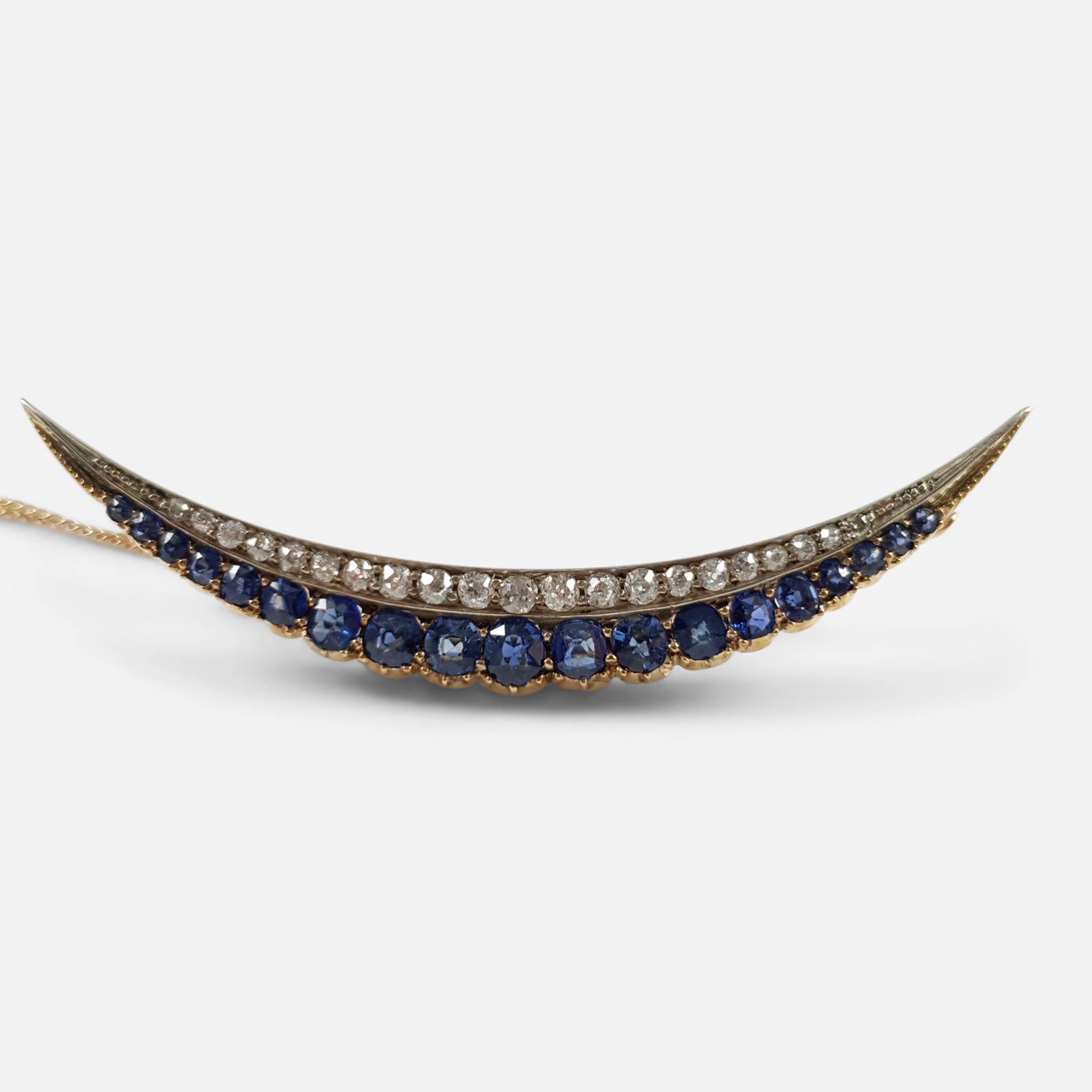 Late Victorian Victorian Sapphire and Diamond Crescent Brooch, Circa 1890 For Sale