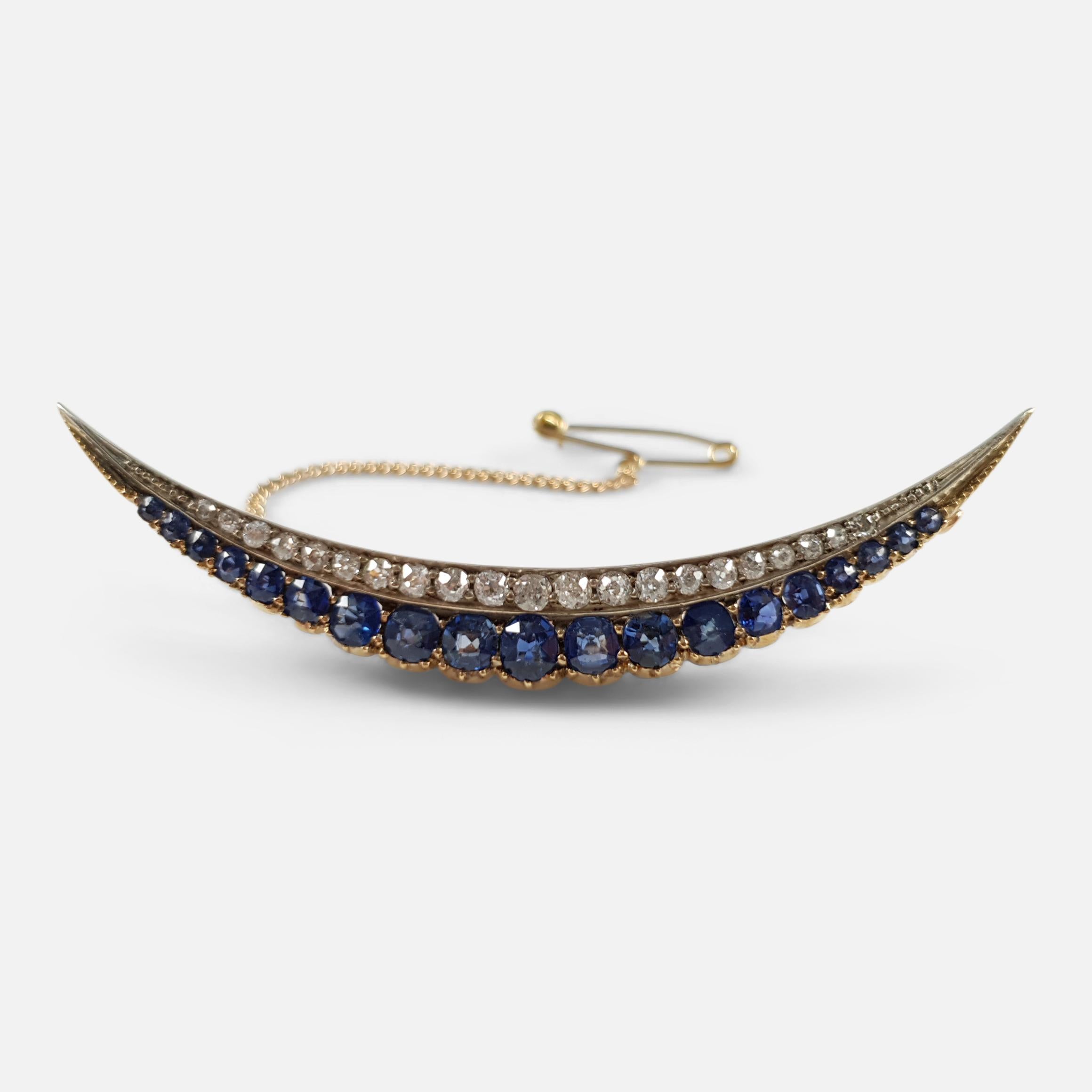 Mixed Cut Victorian Sapphire and Diamond Crescent Brooch, Circa 1890 For Sale