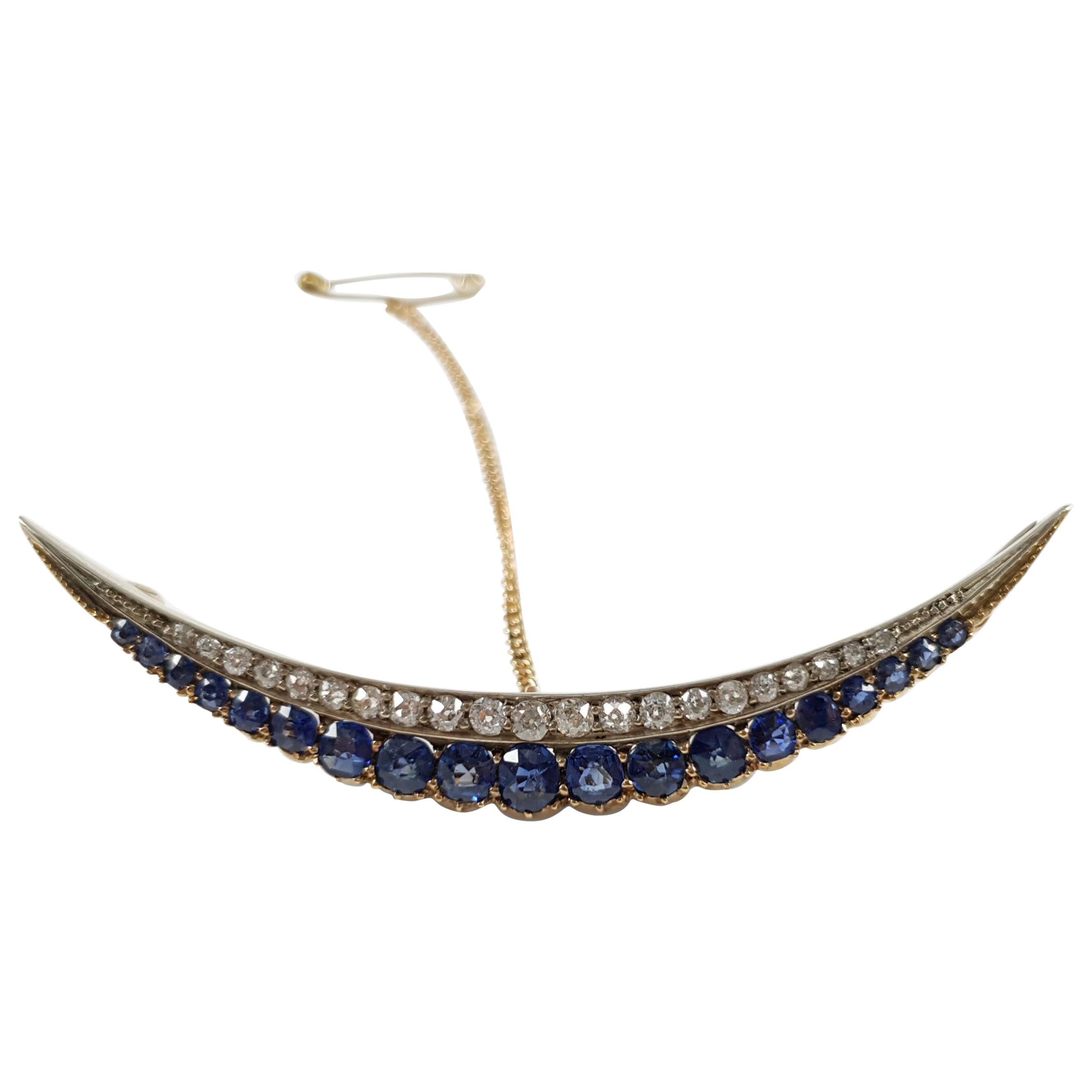 Victorian Sapphire and Diamond Crescent Brooch, Circa 1890