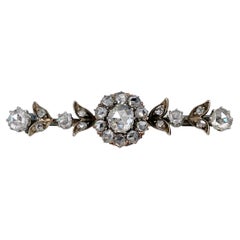 Victorian 9 Karat Gold Silver Rose Cut Diamond Floral Bar Brooch