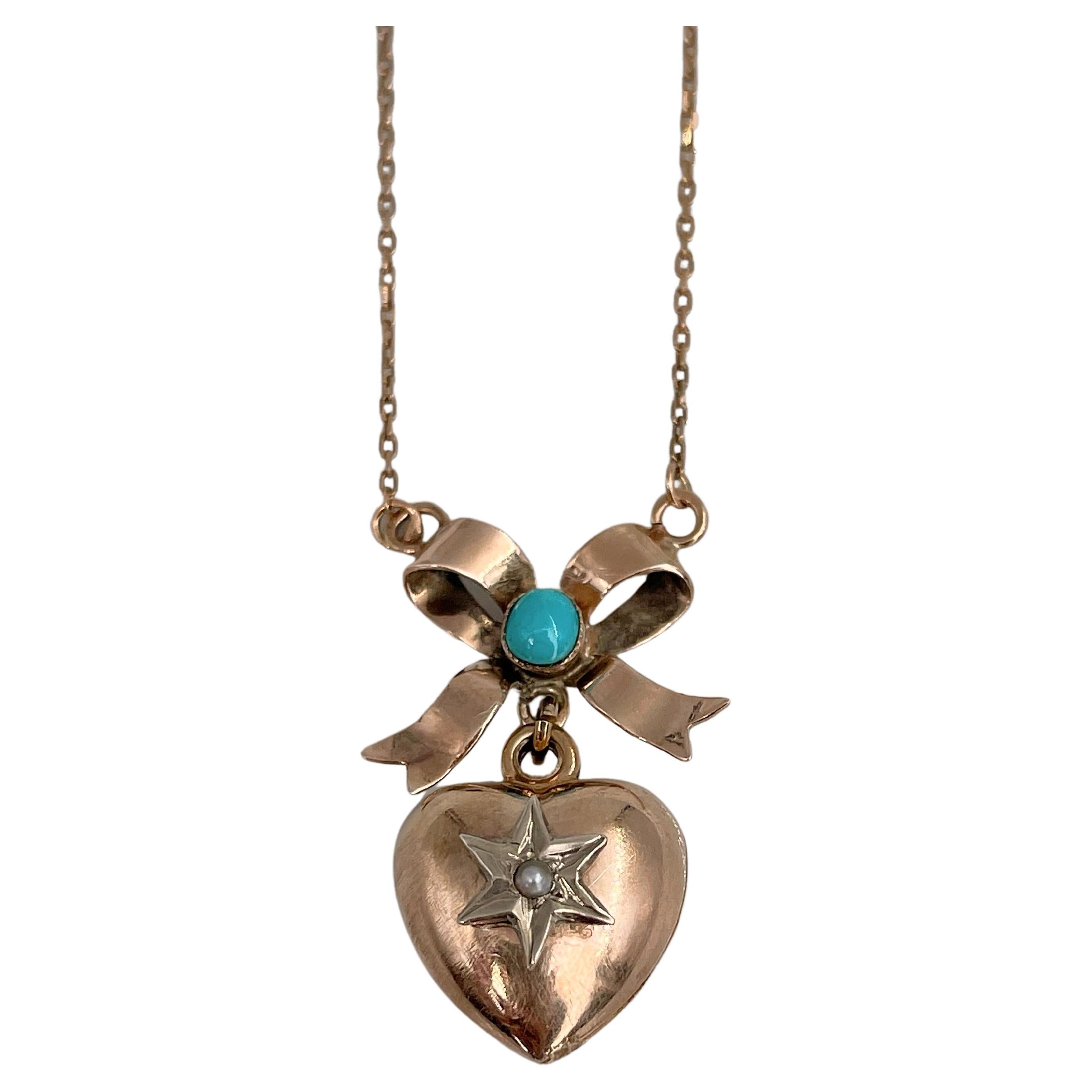 Victorian 9 Karat Gold Turquoise Seed Pearl Bow Heart Pendant Chain Necklace For Sale