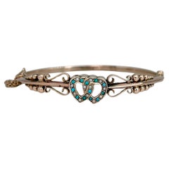 Pulsera brazalete victoriana de oro de 9 quilates con doble corazón de perlas de semilla de turquesa