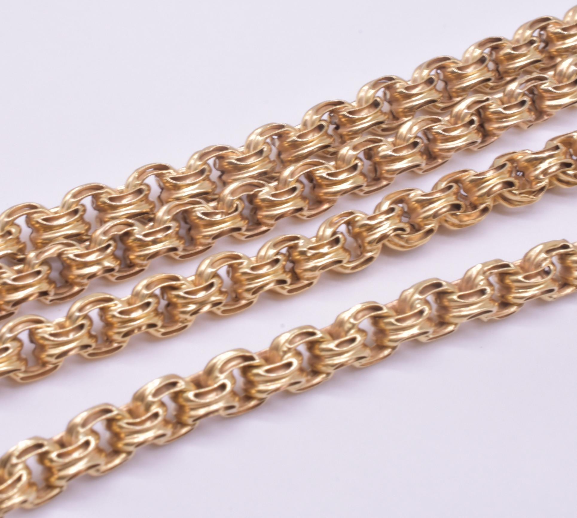 Late Victorian Victorian 9 Karat Love Knot Long Guard Watch Chain For Sale