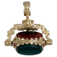 Antique Victorian 9 Karat Gold Onyx Carnelian Bloodstone Swivel Fob Pendant Necklace