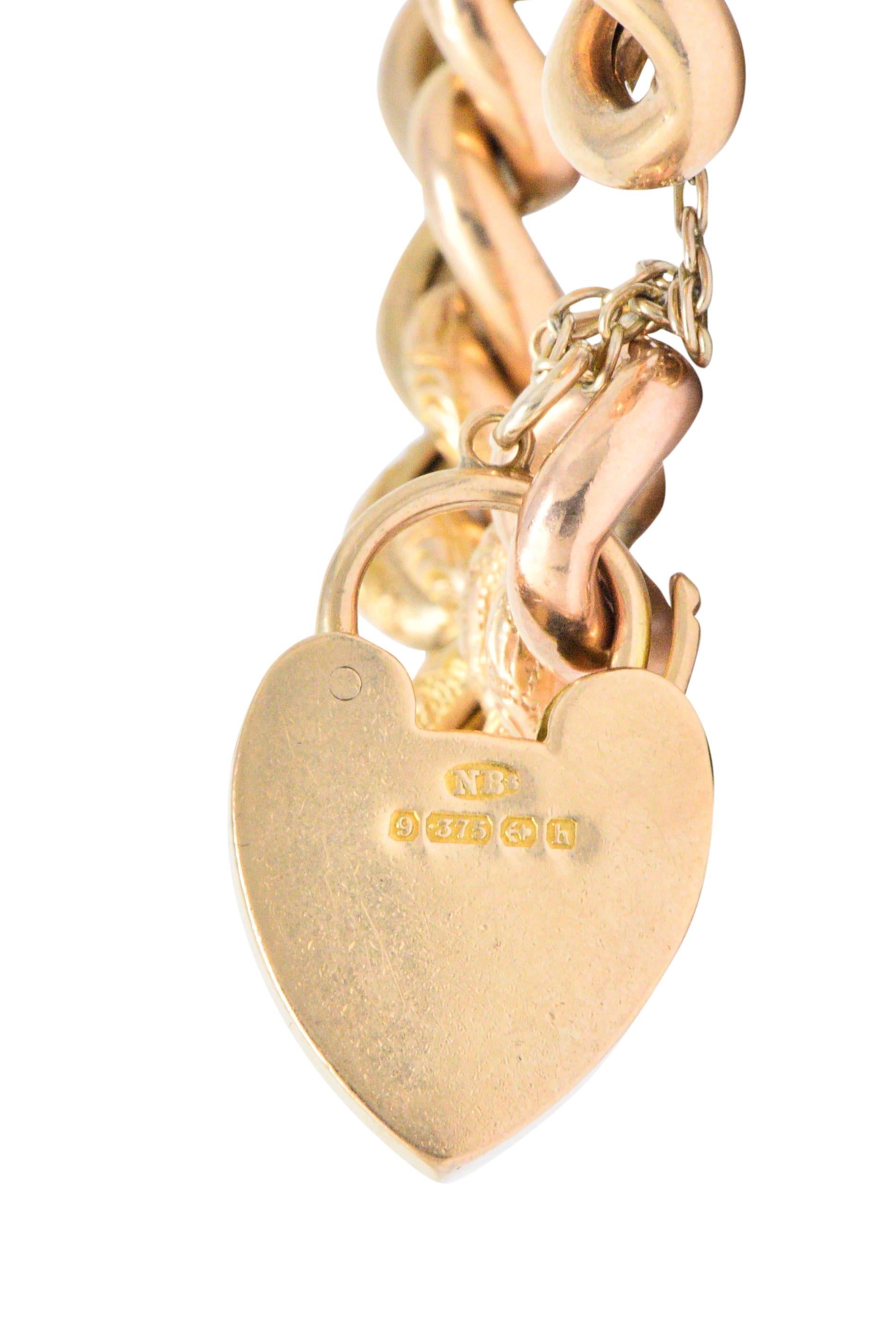 Women's or Men's Victorian 9 Karat Rose Gold Heart Padlock Curb Link Bracelet